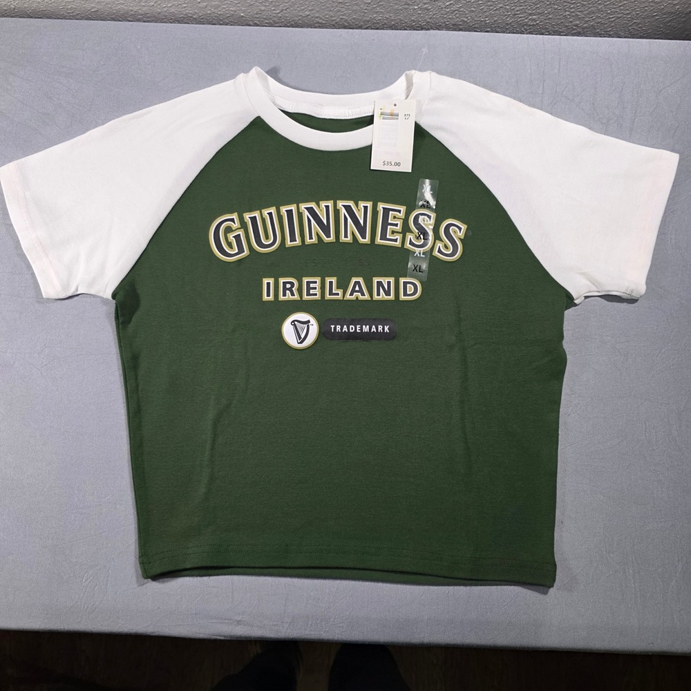Guinness Ireland Juniors XL Green White Raglan Graphic Cropped T-Shirt